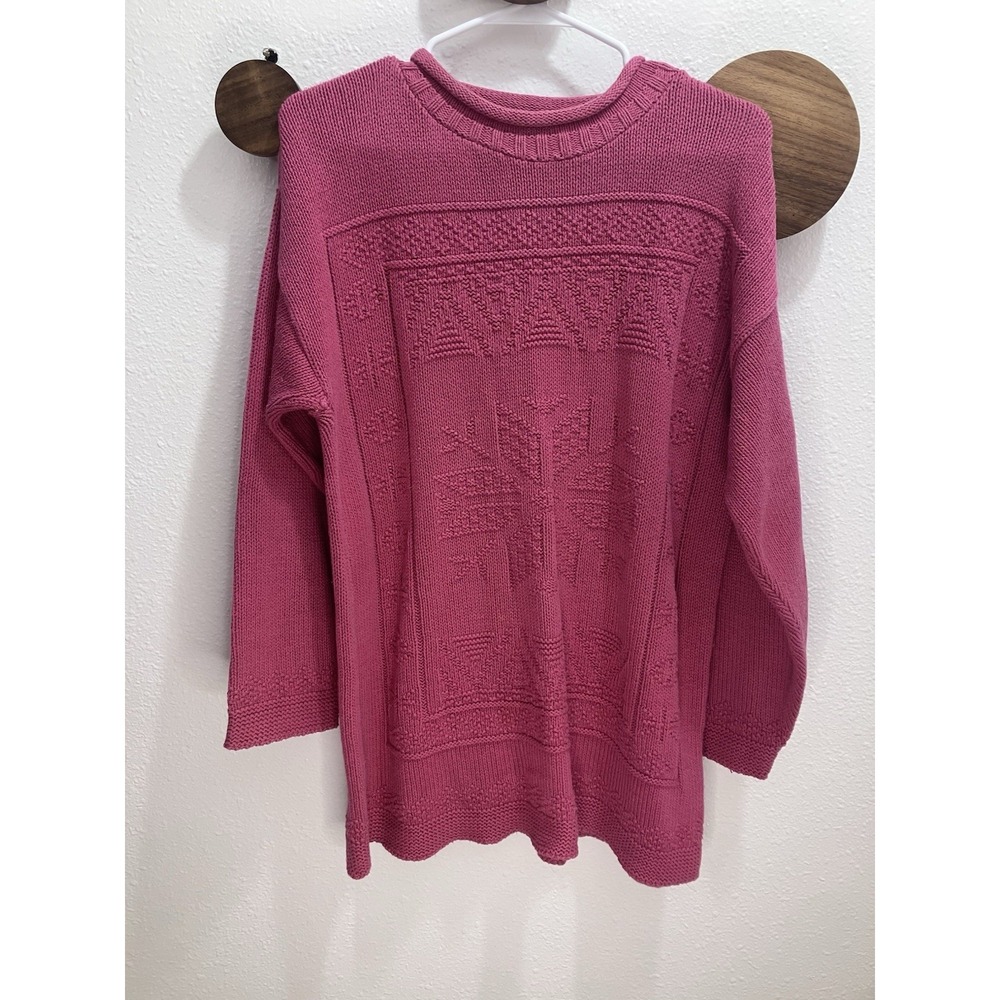 VTG 1996 Basic Editions Pink Knitted Snowflake Pattern Tunic Sweater Med Winter